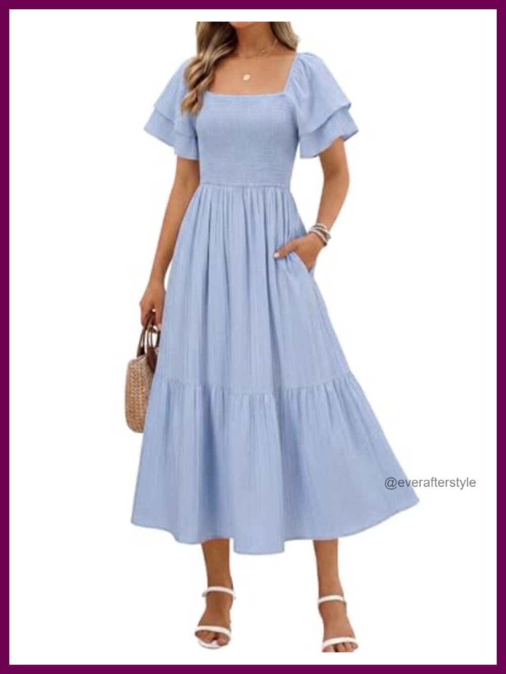 Women's Summer Midi Dress Short Sleeve Square Neck Off Shoulder Ruffle Elastic